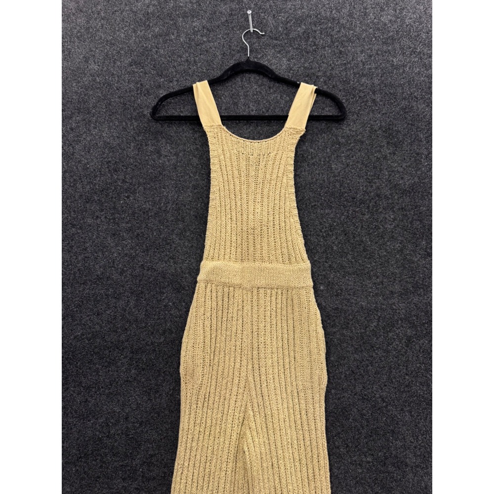 Free People Beach Knit Ribbed Overalls Tan Beige XS Wide Leg Tie Back Jumpsuit